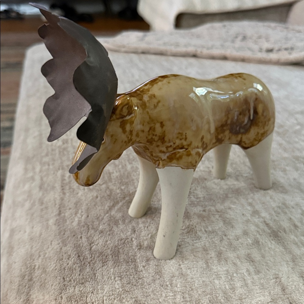 Ceramic Moose Figurine with Metal Antlers